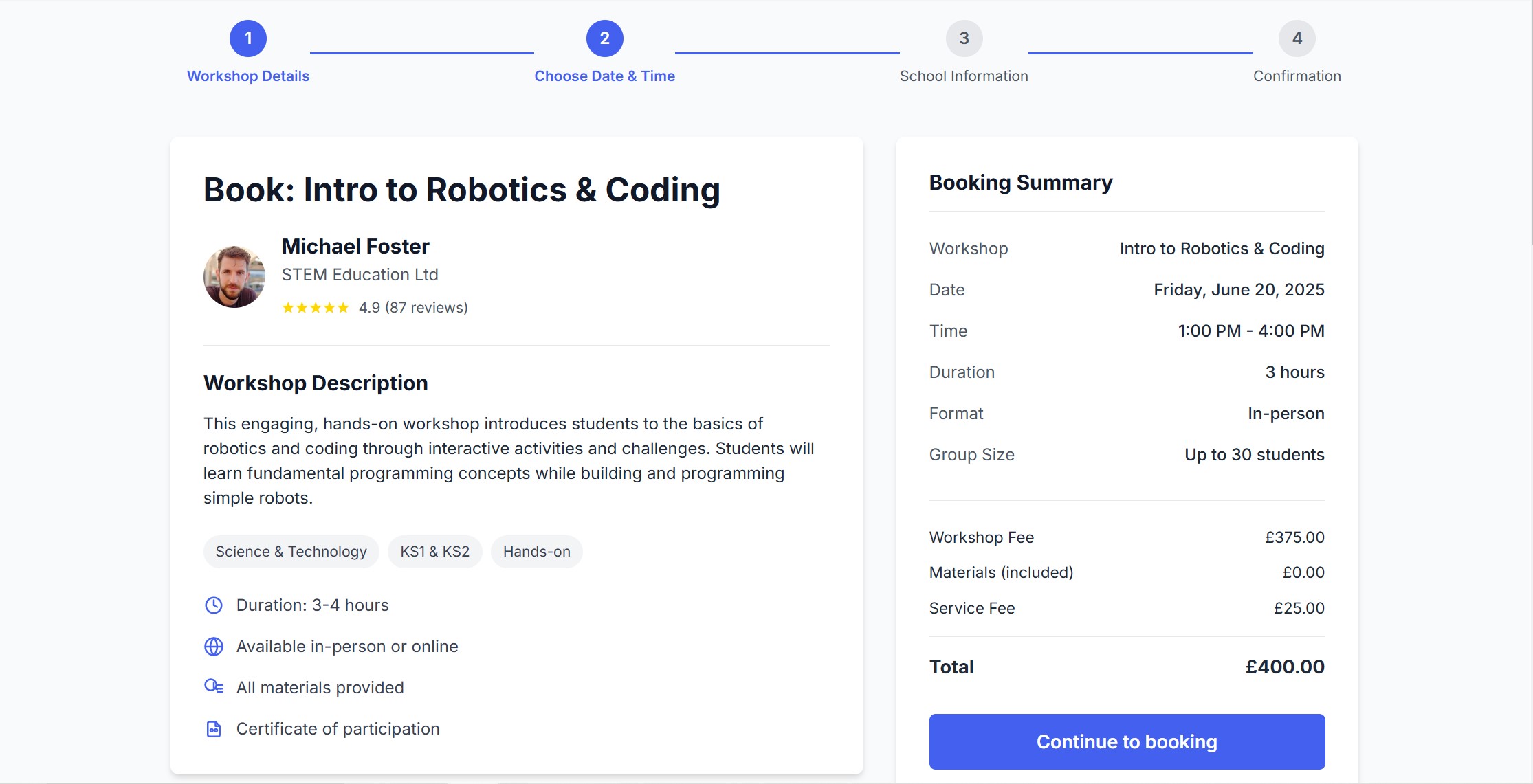 Booking process step 1